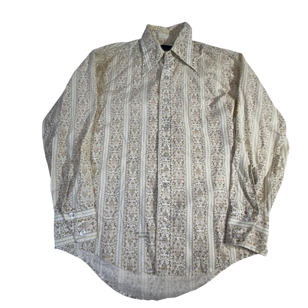 Vintage Maverick Shirt – M White Green Pagoda Print 70s